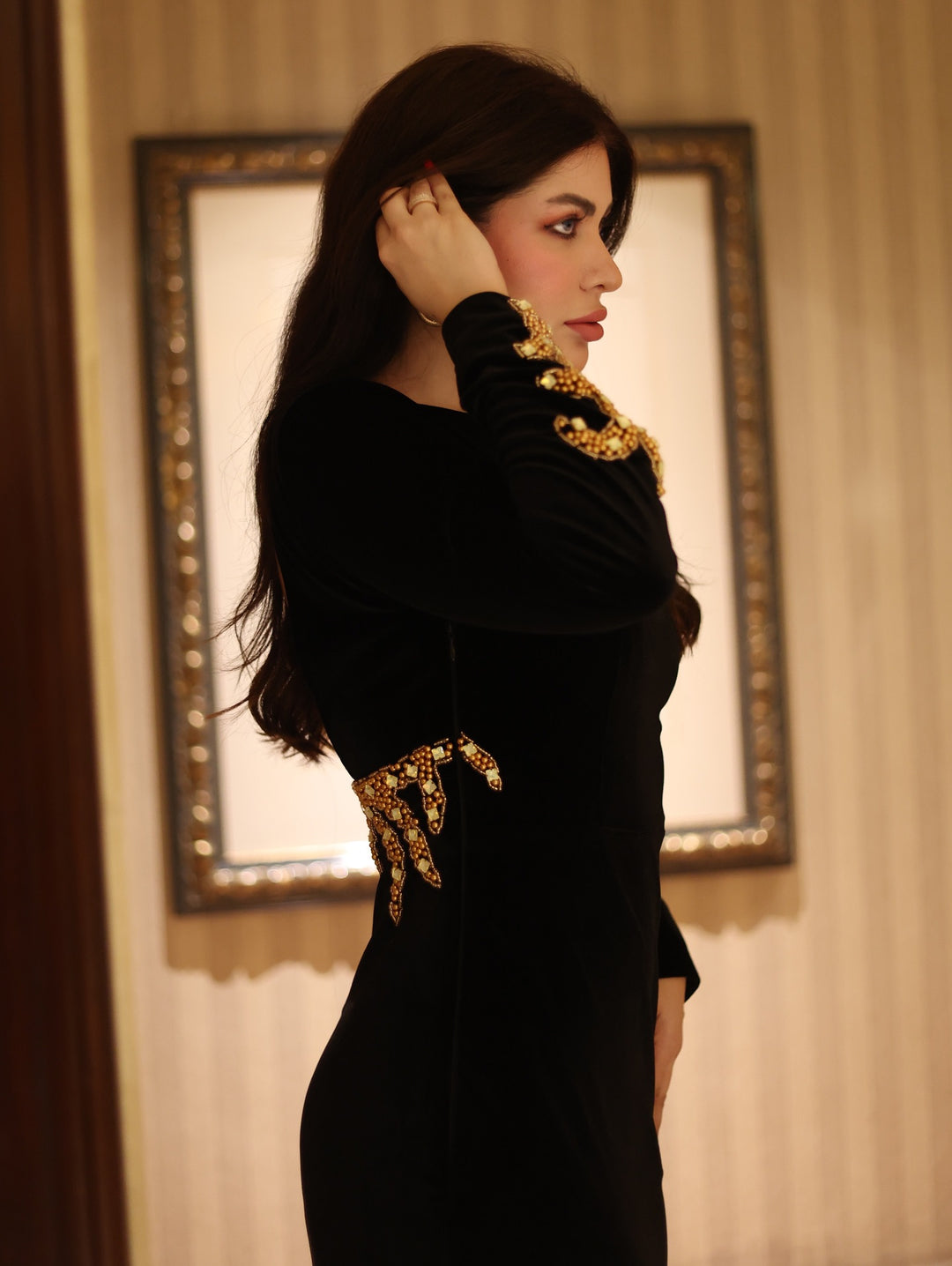 Long sleeve black velvet column dress with back neckline - Shevalini