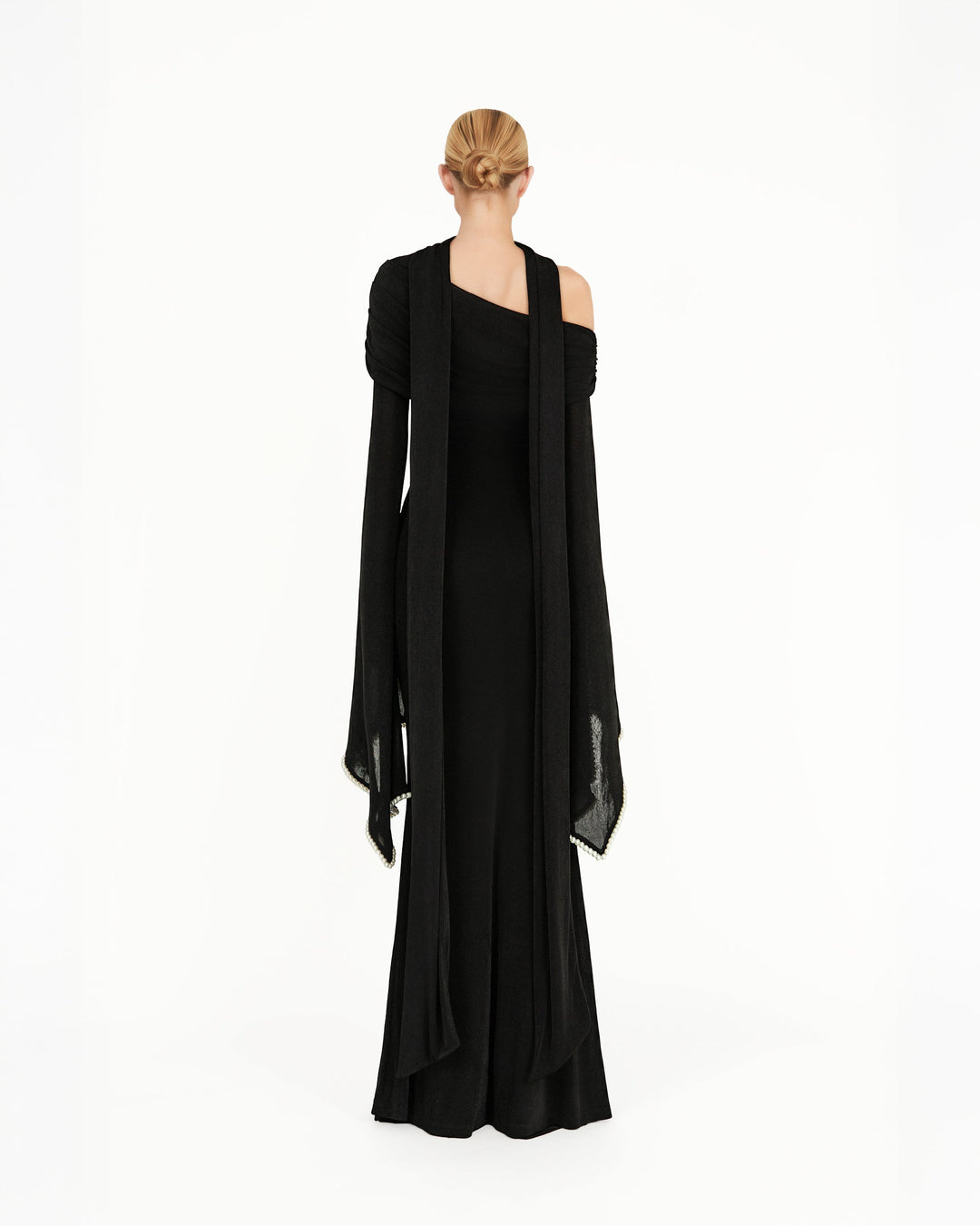 off-shoulder cape-sleeve column gown with pearl trim – NOIRELLE