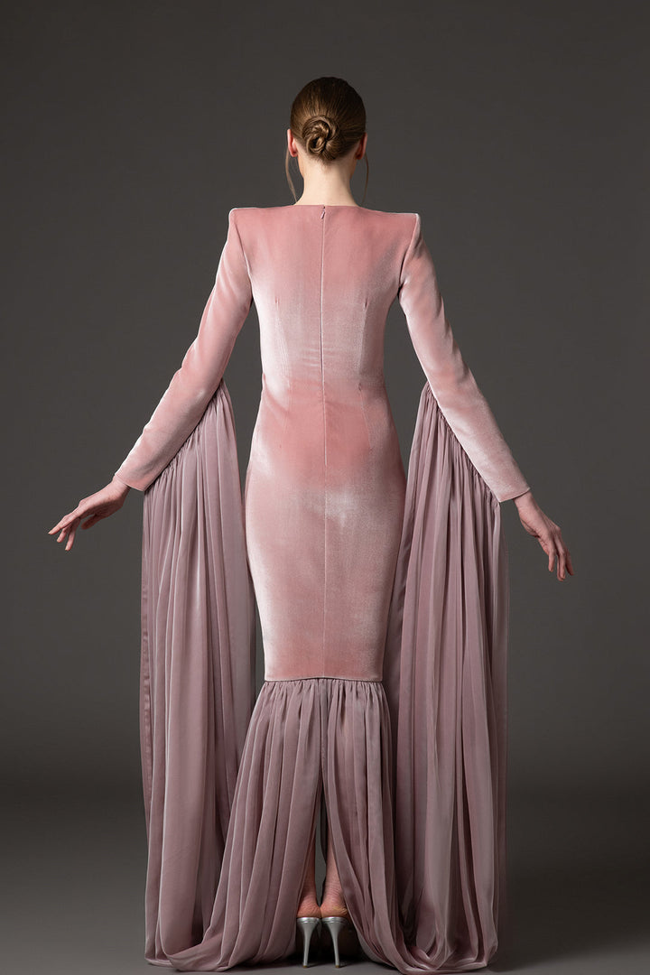 velvet evening gown with dramatic chiffon draped sleeves – ELARA