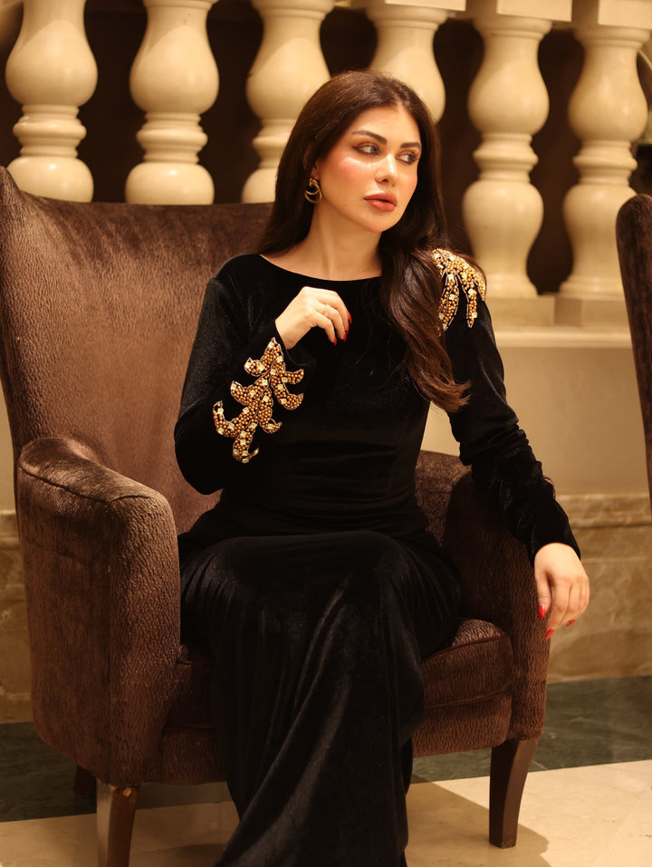 Long sleeve black velvet column dress with back neckline - Shevalini