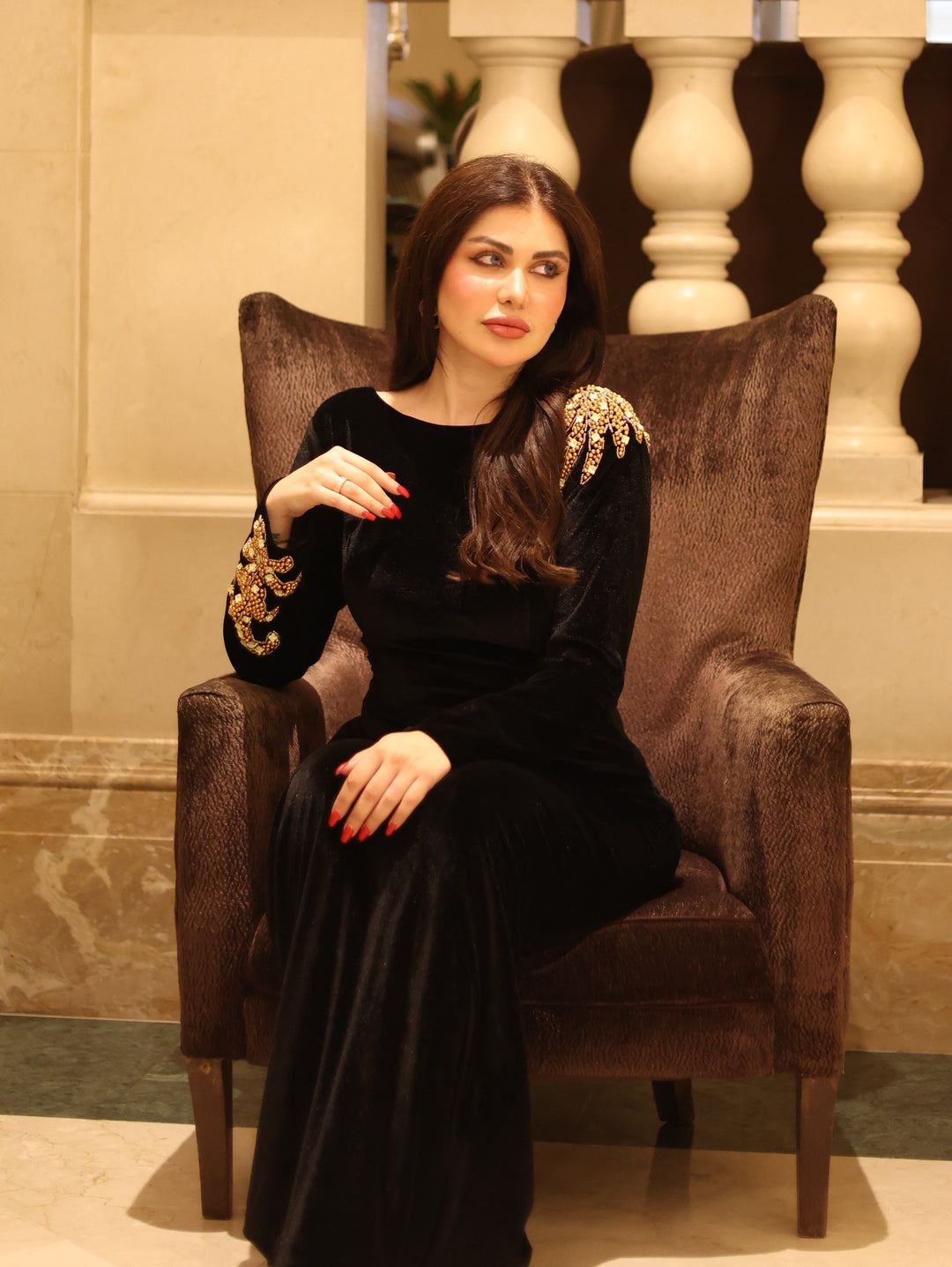 Long sleeve black velvet column dress with back neckline - Shevalini