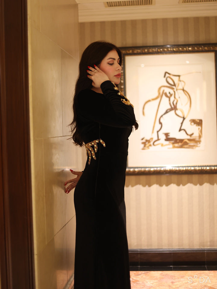 Long sleeve black velvet column dress with back neckline - Shevalini