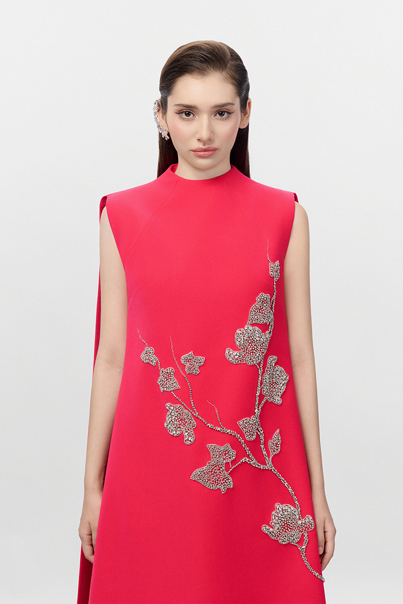 فستان بدون أكمام بتصميم حرف A مزين بزهور كريستالية – أريا