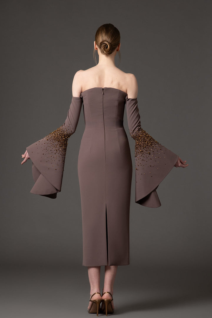 off-shoulder column dress with embellished flared sleeves – AMBRÉA