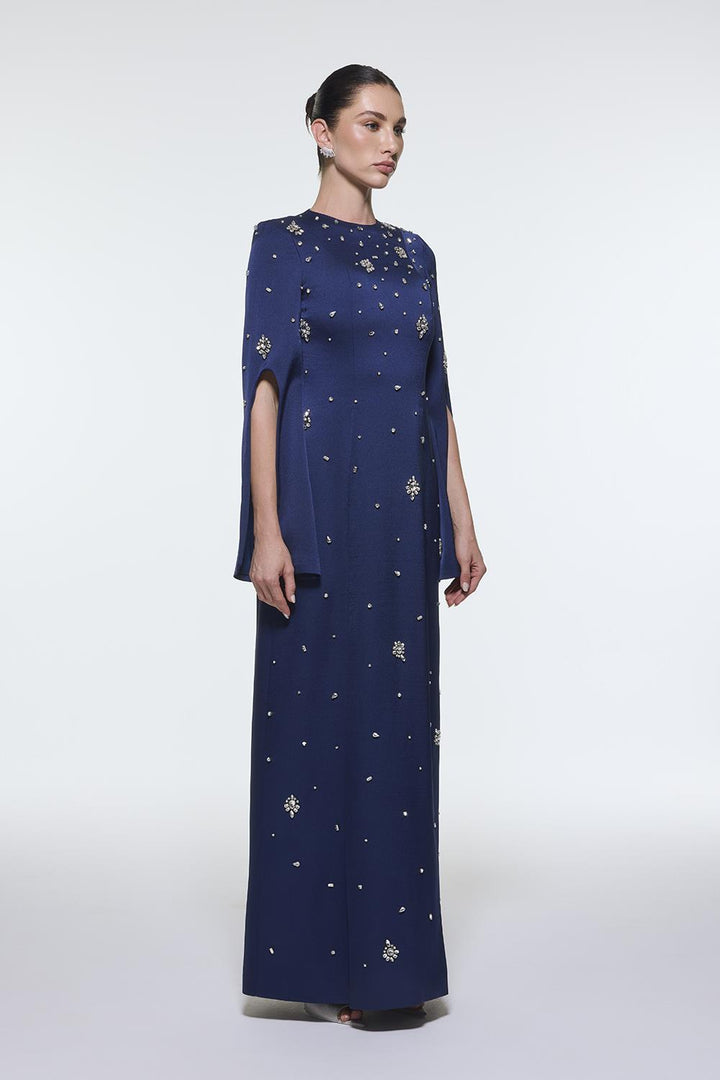 long-sleeve column gown with scattered crystal embellishments – NOIRÉ