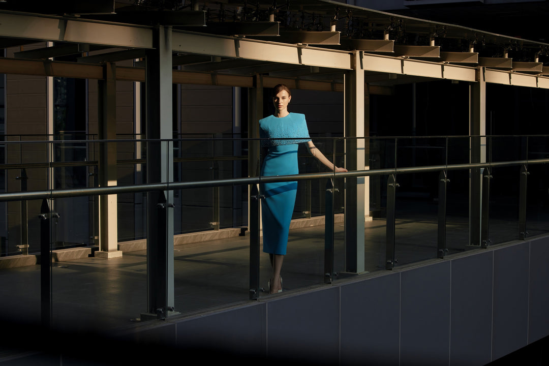 crystal-embellished cape-detail midi dress – OSEIL