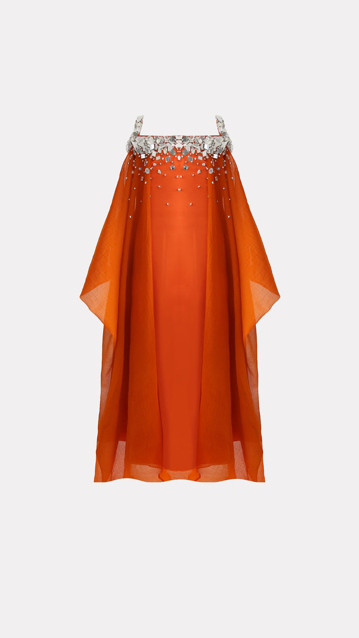 Embellished Cold-Shoulder Maxi Dress with Flowing Cape Sleeves – AMBERA