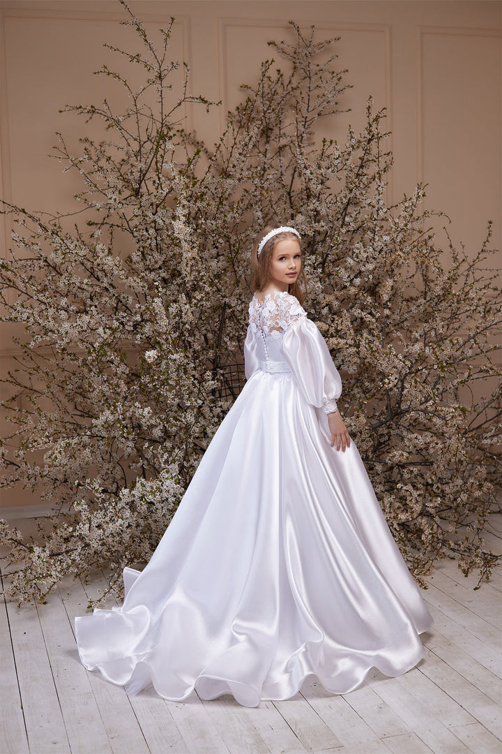 Lace-Bodice Satin Maxi Dress with Puff Sleeves – ÉLARA