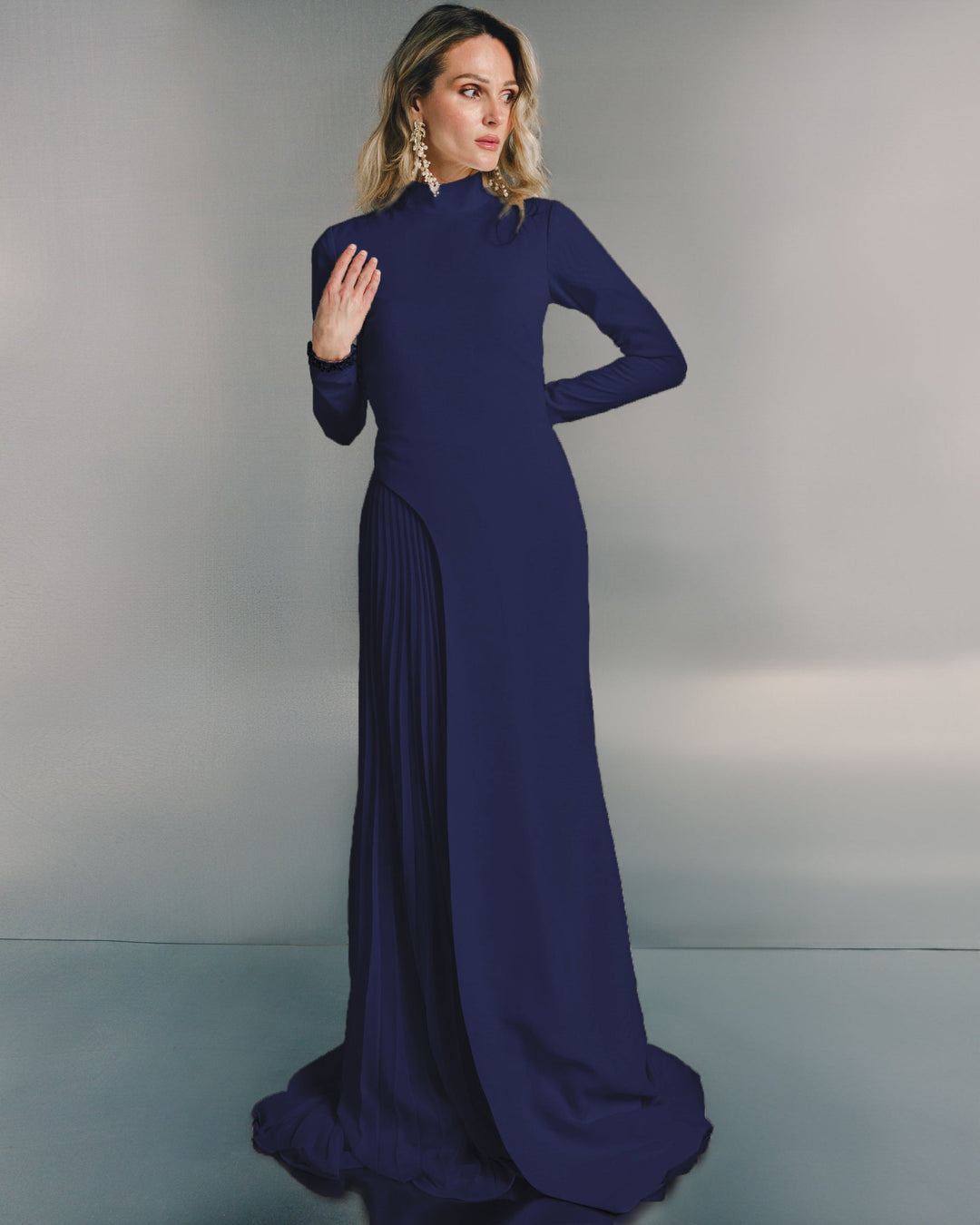 high-neck long-sleeve gown with pleated side panel – FUCHSIA