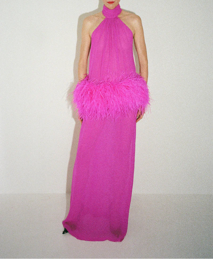 halter chiffon gown with feather trim – FIORELLA