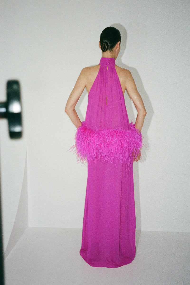 halter chiffon gown with feather trim – FIORELLA