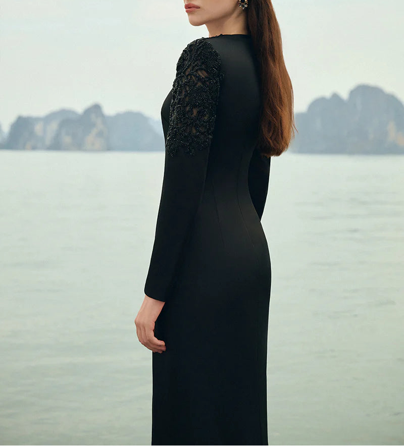 embellished shoulder gown with plunging neckline – NOCTURNE