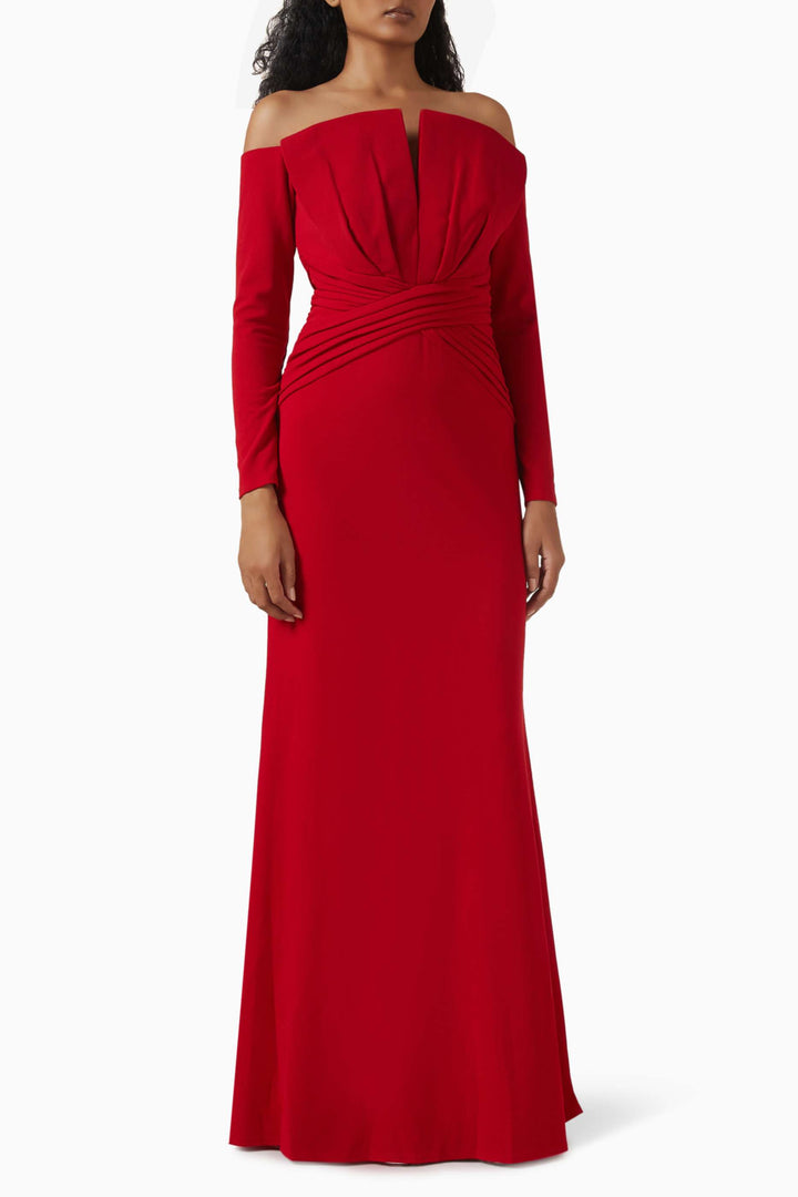 فستان حورية البحر مكشوف الكتفين ومطوي - كريمسون