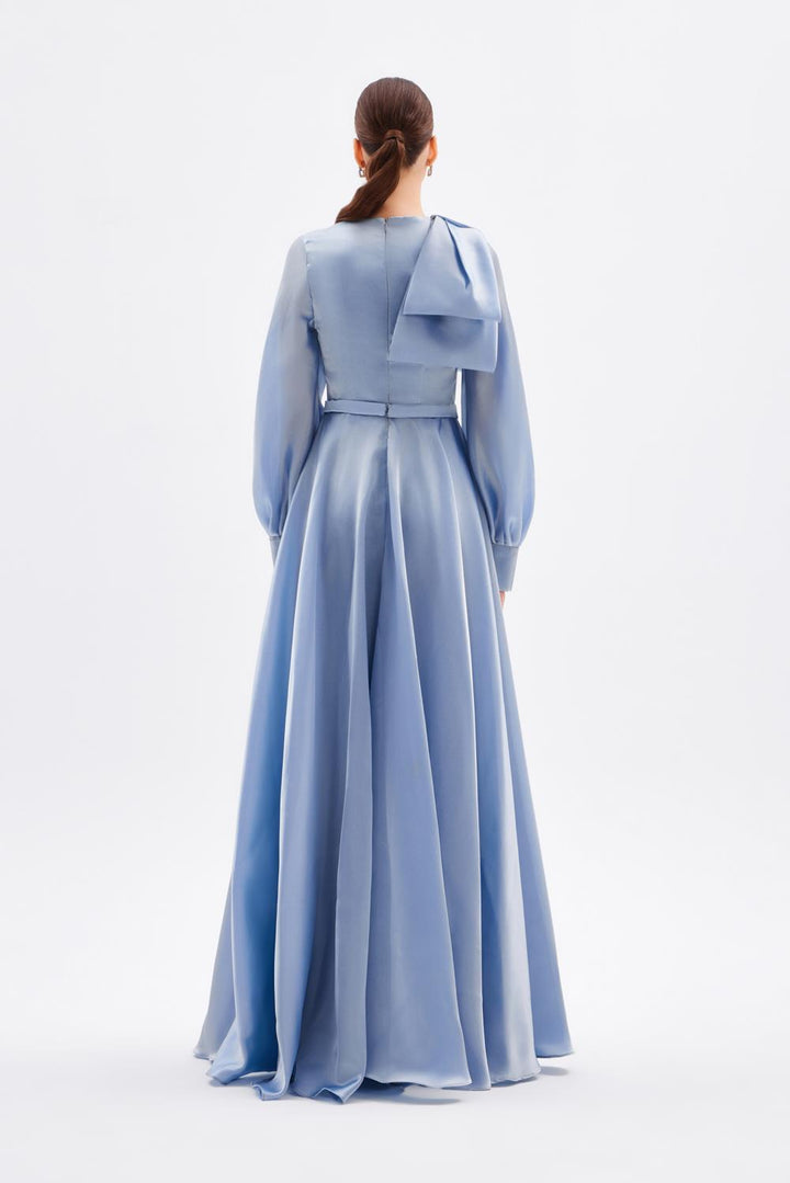 long-sleeve satin gown with sculpted shoulder bow – FUCHSIAE