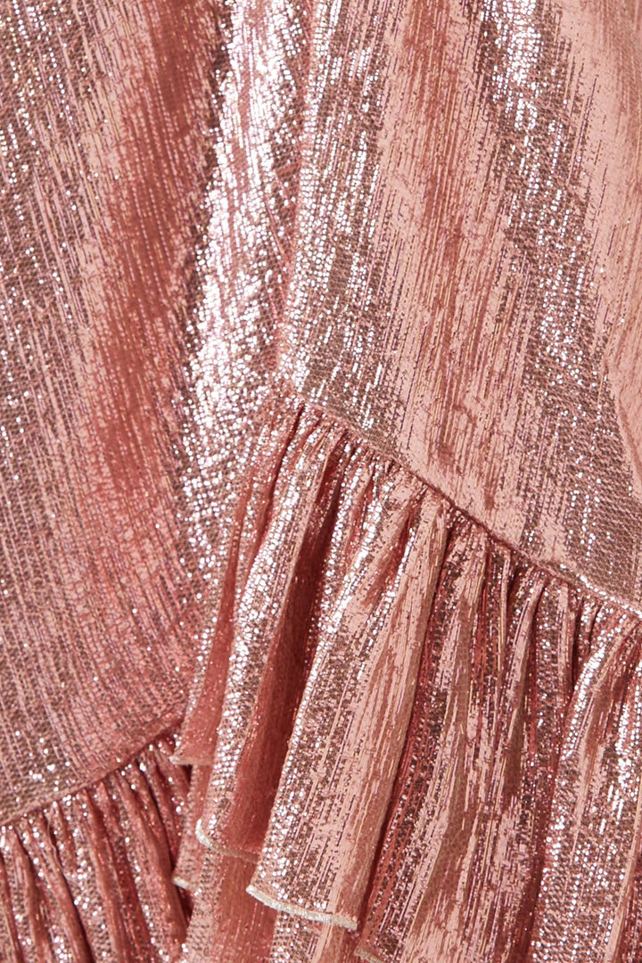 metallic midi dress with ruffled sleeves and hem – SERENA