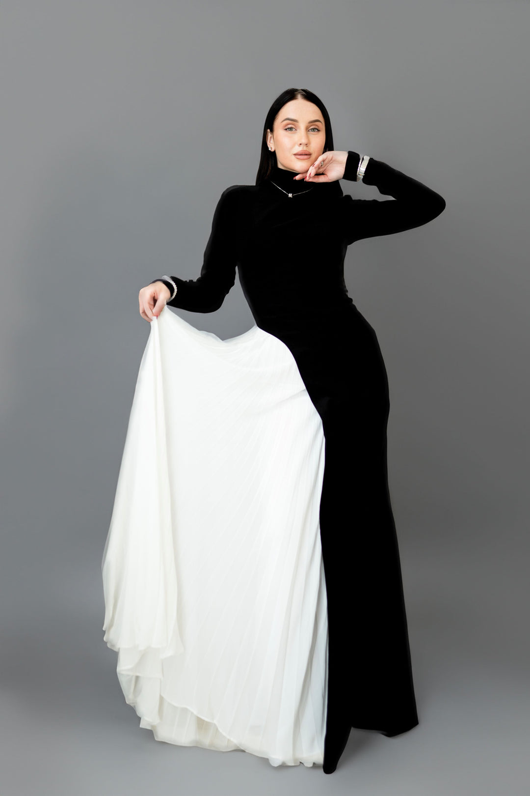 high-neck long-sleeve gown with pleated side panel – FUCHSIA