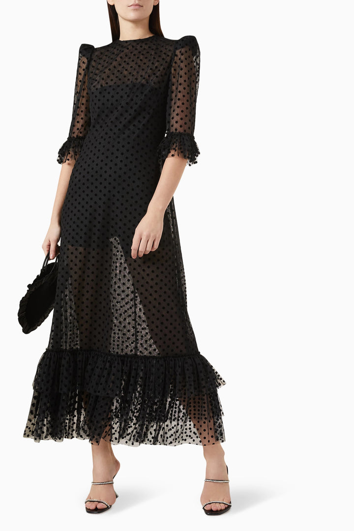 فستان متوسط ​​الطول منقط شفاف مع حافة مكشكشة – فيفيان