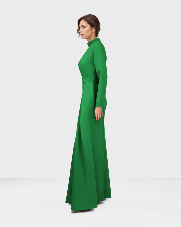 Pleated chest with long sleeves green dress