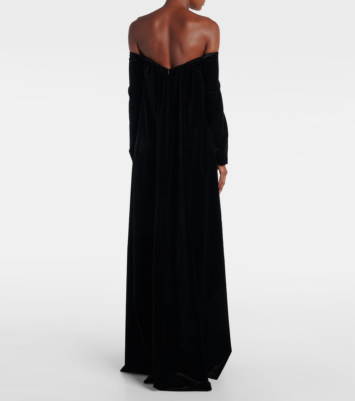 Off-shoulder velvet column gown with long sleeves – NOIRELLE