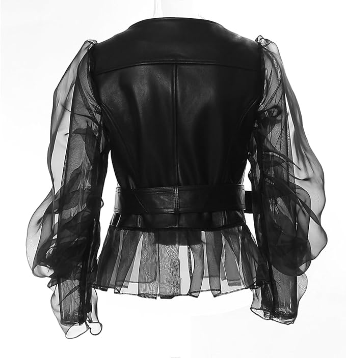 belted leather jacket with organza puff sleeves – KOLIR