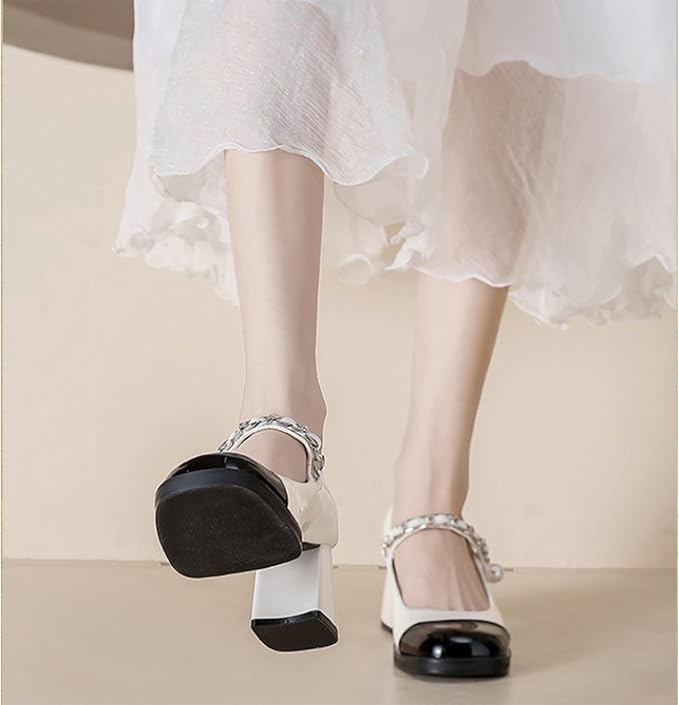 two-tone block-heel pumps with pearl chain strap – VÉRAXA