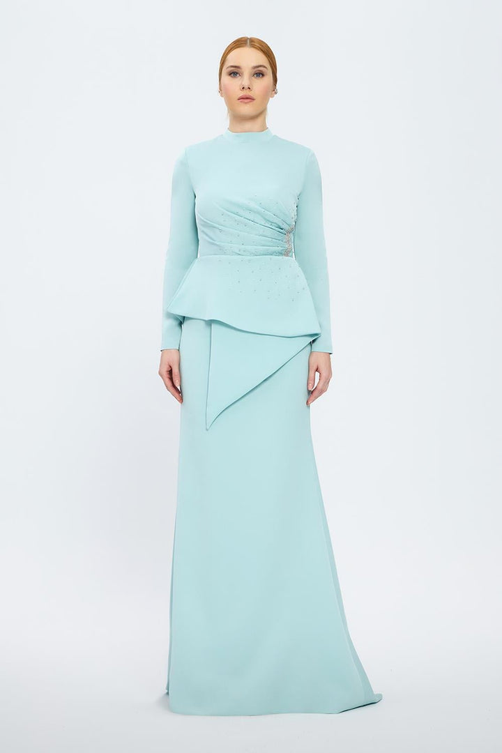 long-sleeve peplum gown with crystal draping – SERENE