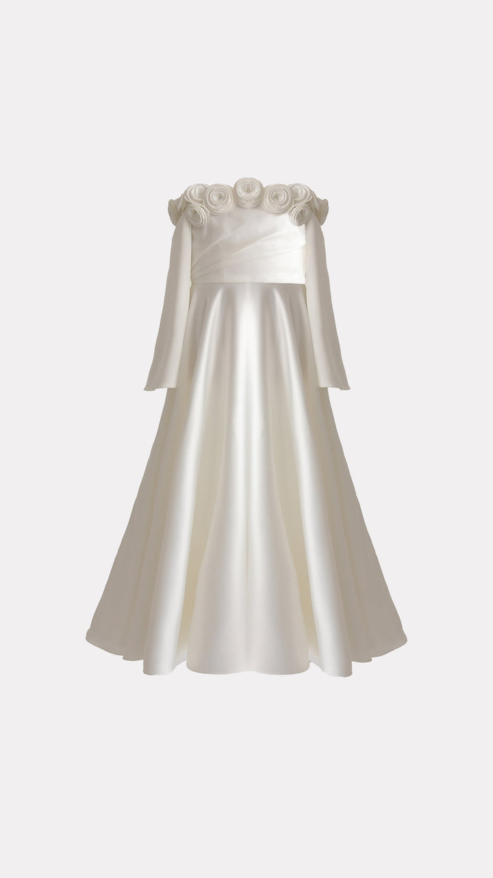 Off-Shoulder Maxi Dress with Rosette Neckline – ELARA