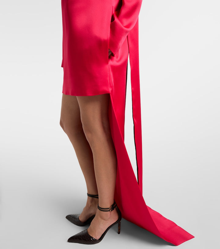 High-neck satin mini dress with dramatic back train – RUBY