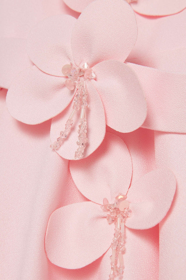 Blush High-Neck Dress with Floral Appliqué Cape Sleeve – SERENA