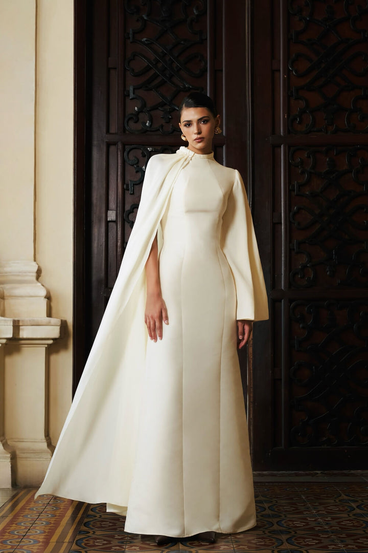 high-neck column gown with draped cape sleeve – ESME