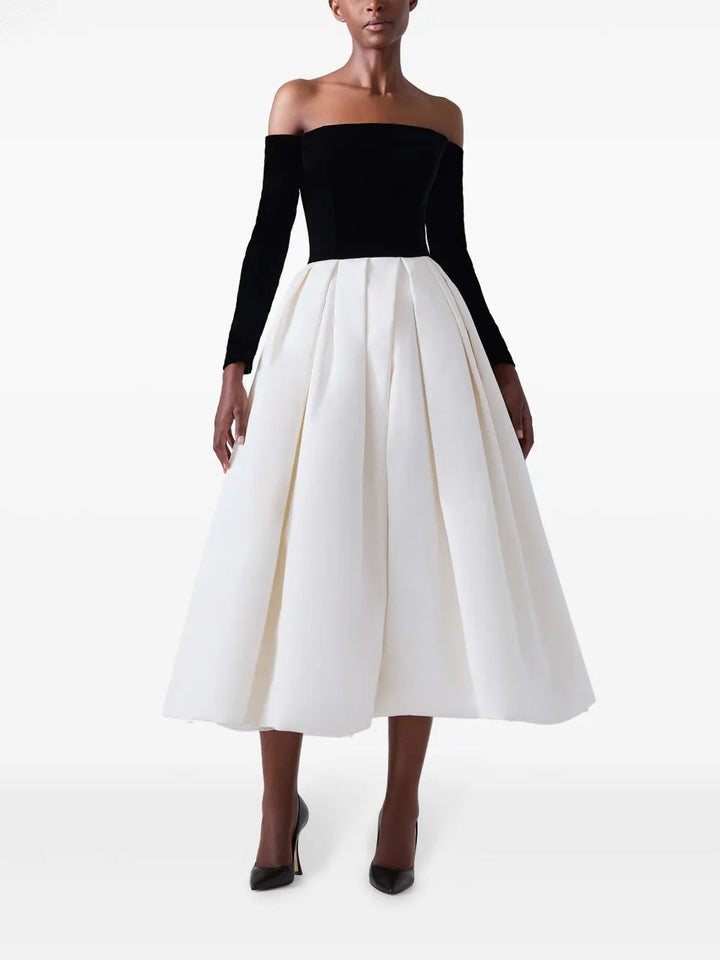 off-shoulder velvet top dress with satin pleated skirt – NOIR BLUE