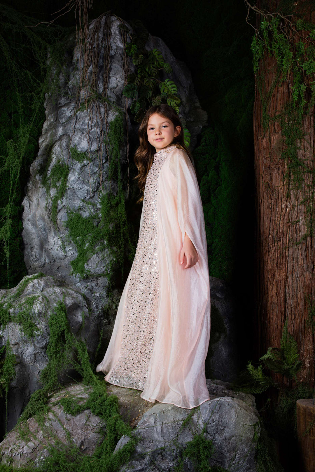 Sequin Column Maxi Dress with Sheer Cape Overlay – BLUSH