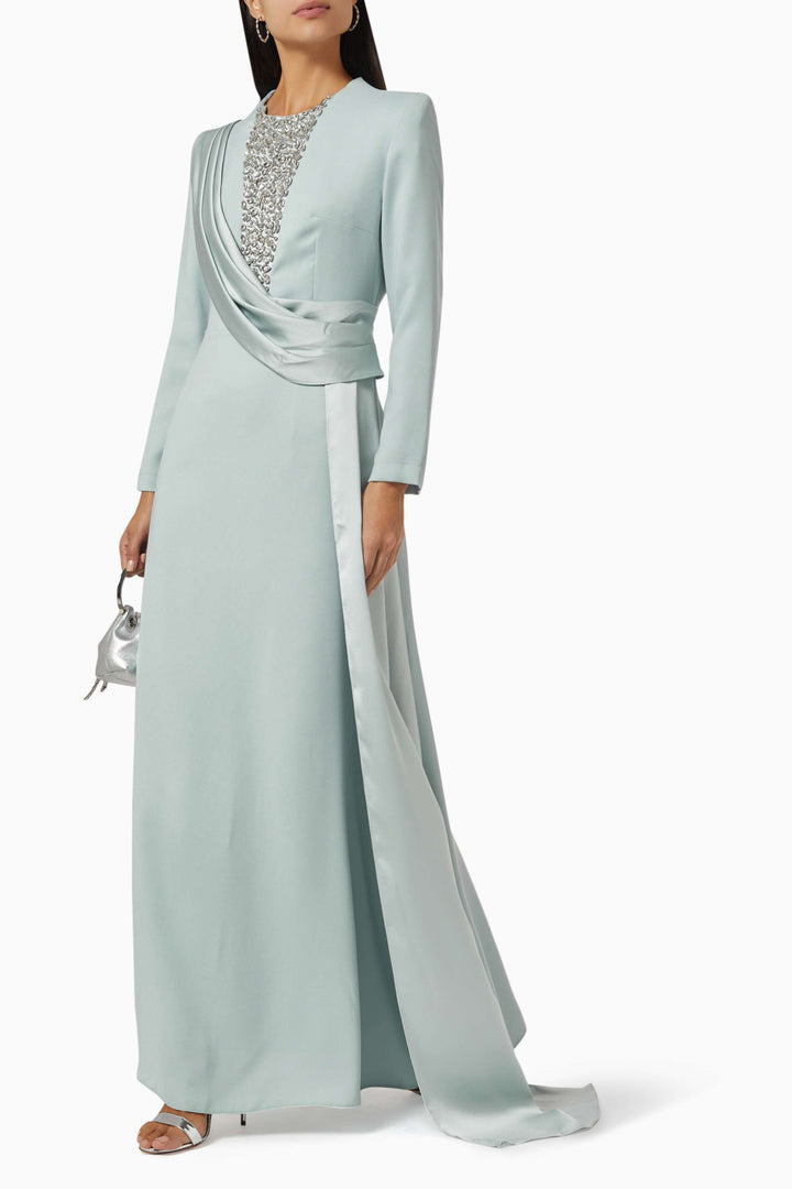 long-sleeve gown with embellished illusion neckline & draped sash – RHEA