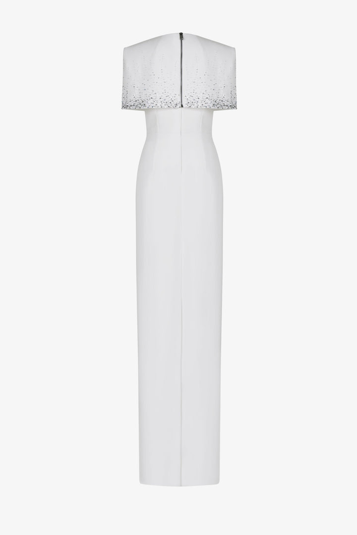 embellished cape-detail column gown – QOLEII