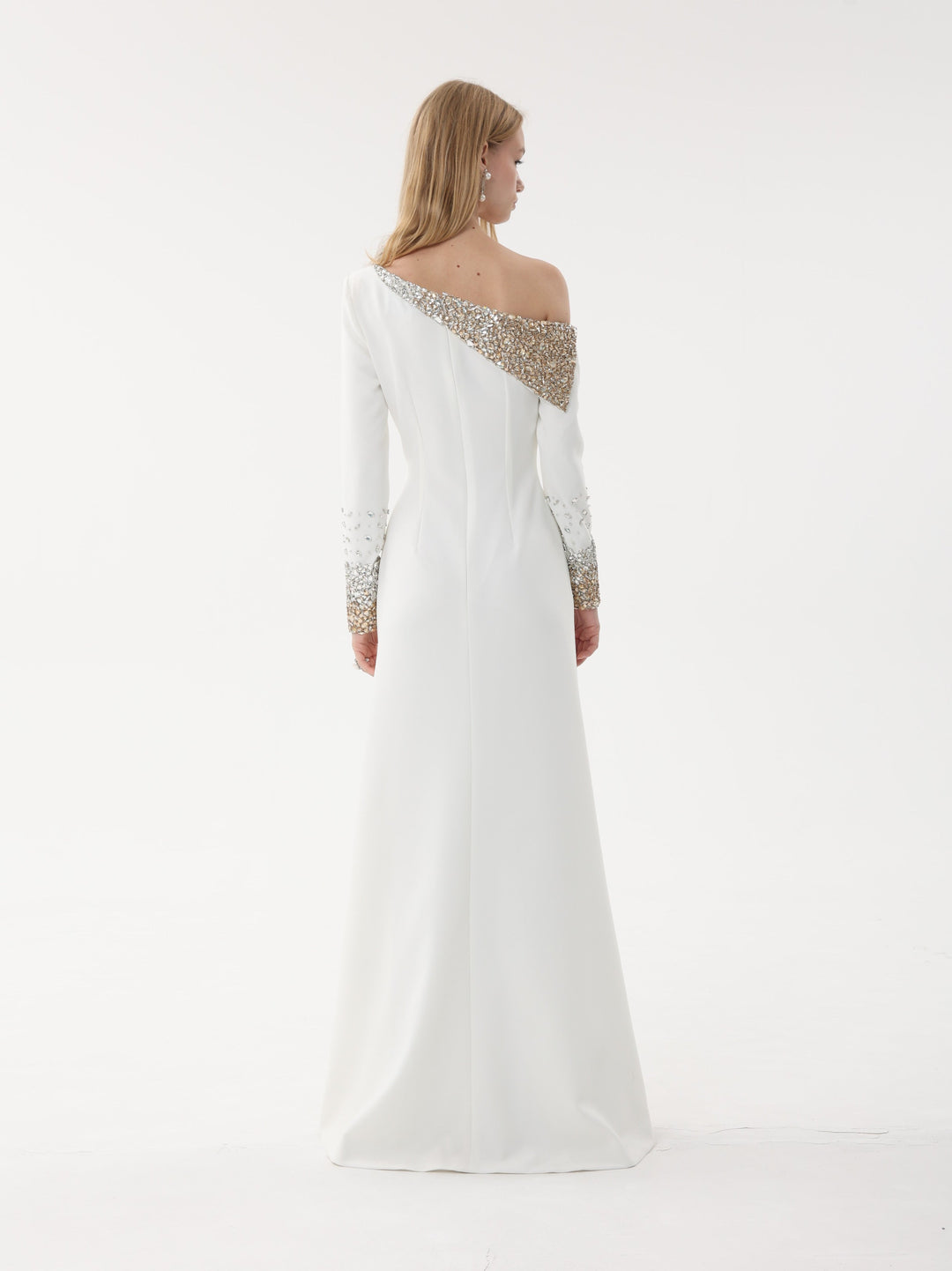 one-shoulder gown with crystal embellished cape sleeve – AURORA