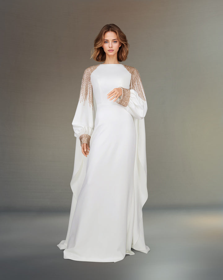 Beaded shoulders and cuffs dress with back cape