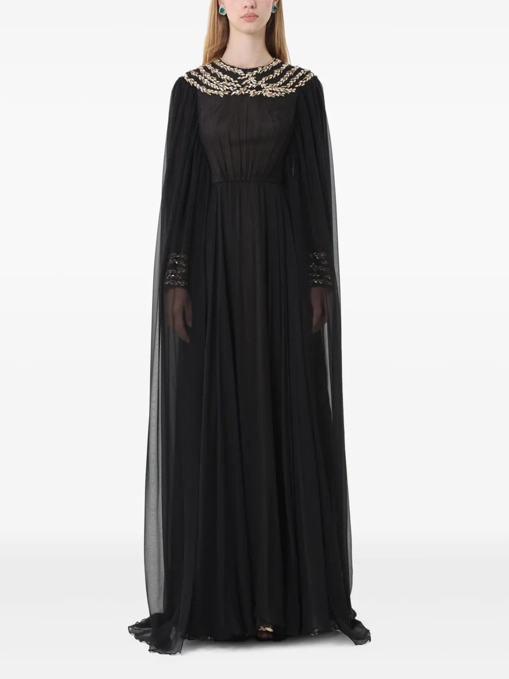 sheer cape gown with embellished neckline – NOIRS