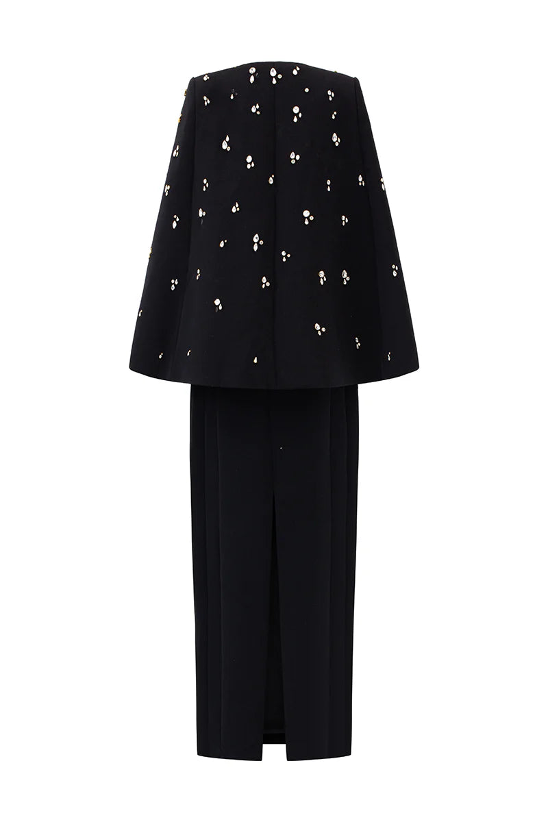 سترة مزينة بغطاء للرأس مع فستان عمودي متناسق – نوار