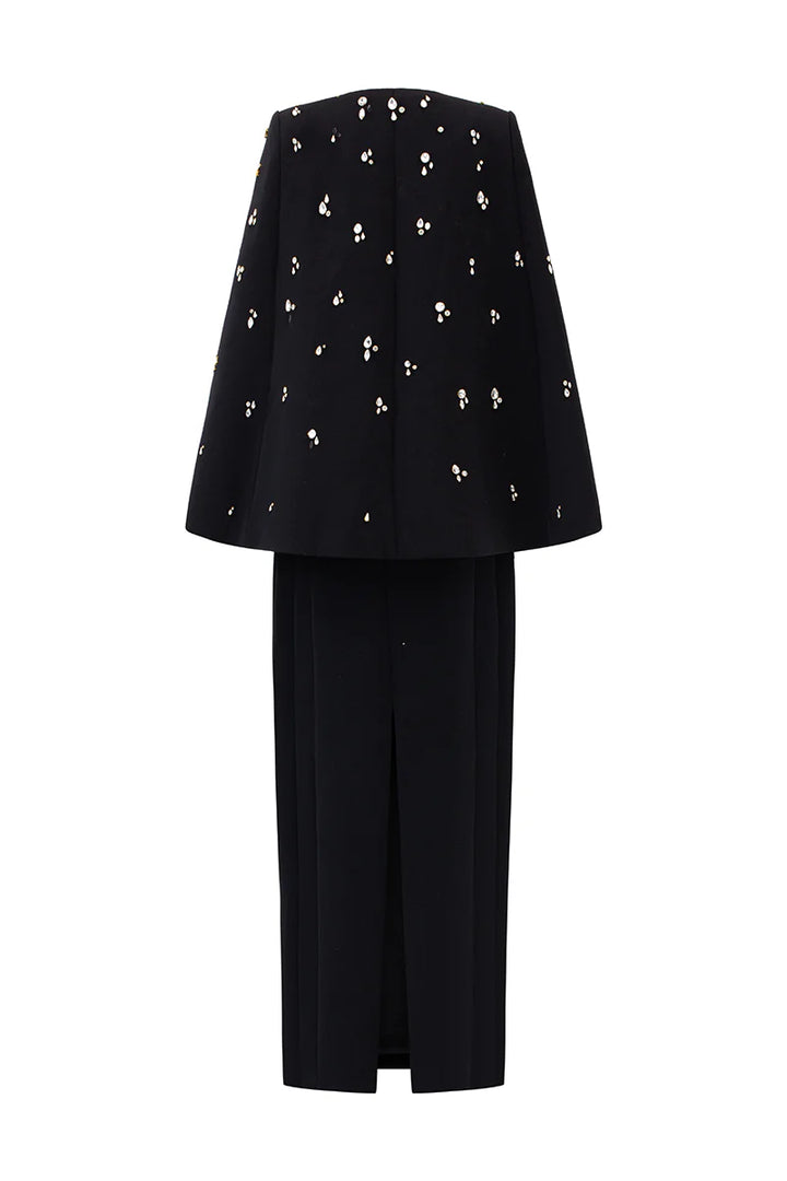 سترة مزينة بغطاء للرأس مع فستان عمودي متناسق – نوار