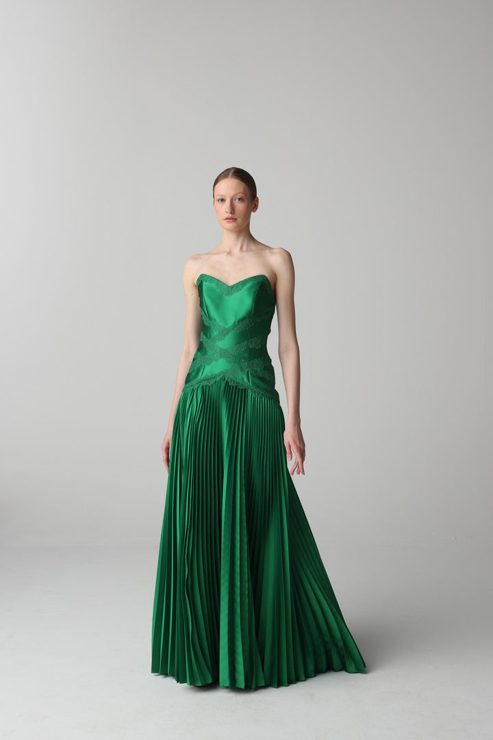 strapless lace-trim pleated chiffon evening gown – VERDANT