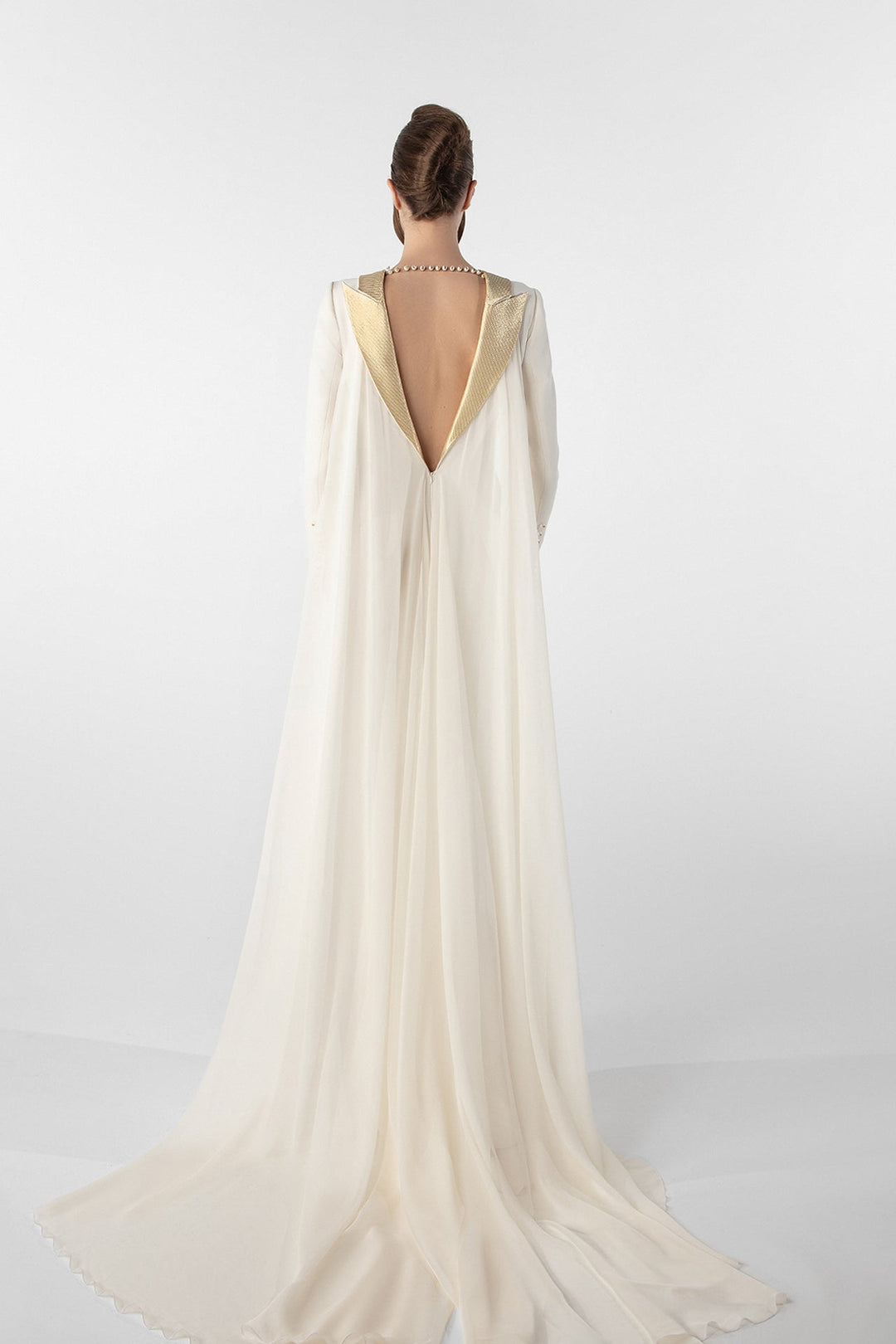 long-sleeve column gown with pearl button front – AURELIA