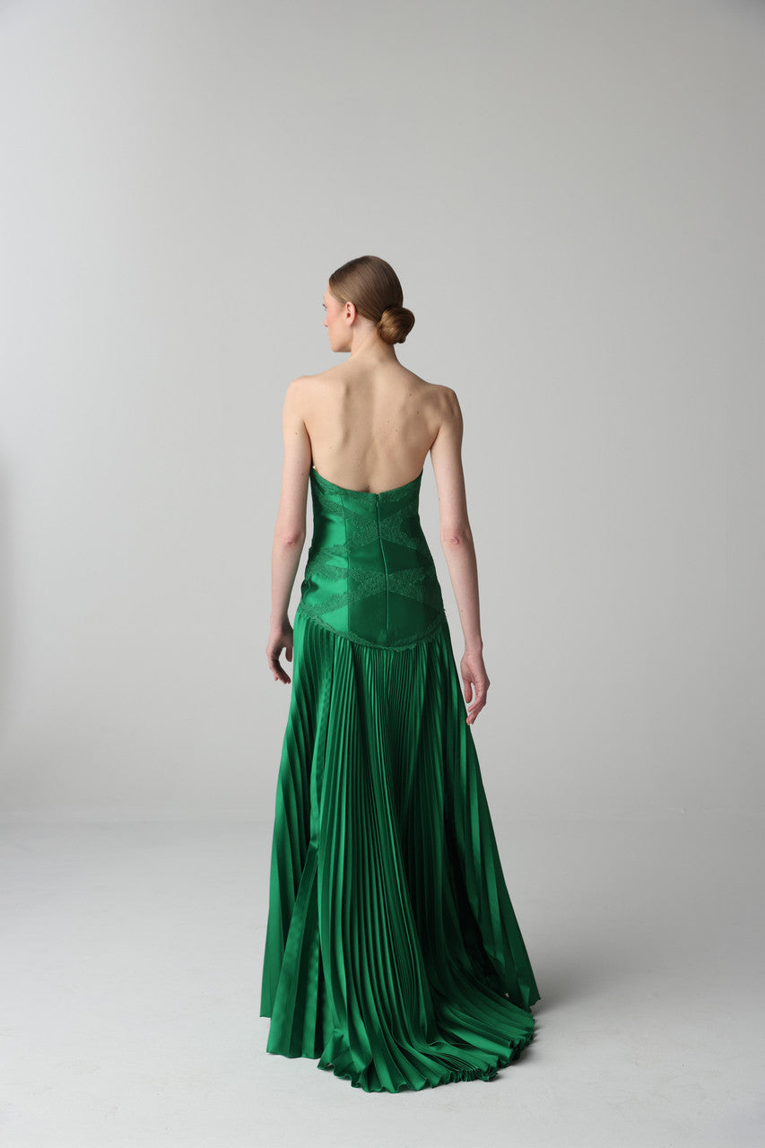 strapless lace-trim pleated chiffon evening gown – VERDANT