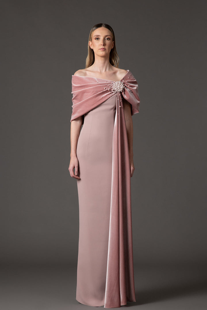 off-shoulder column gown with embellished velvet drape – ELYSIA