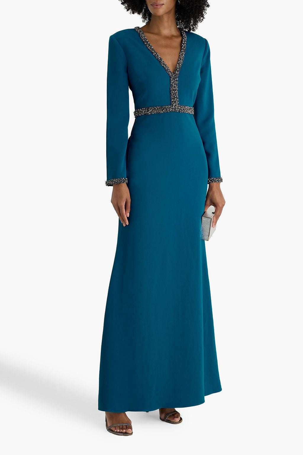 embellished deep-V long-sleeve gown – TEALR