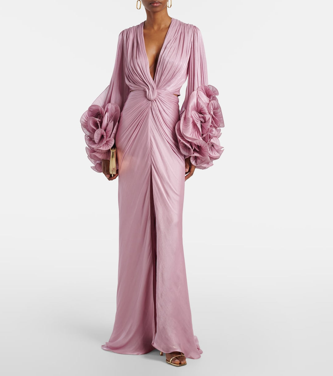 ruched satin gown with ruffled sleeves – EMERALD