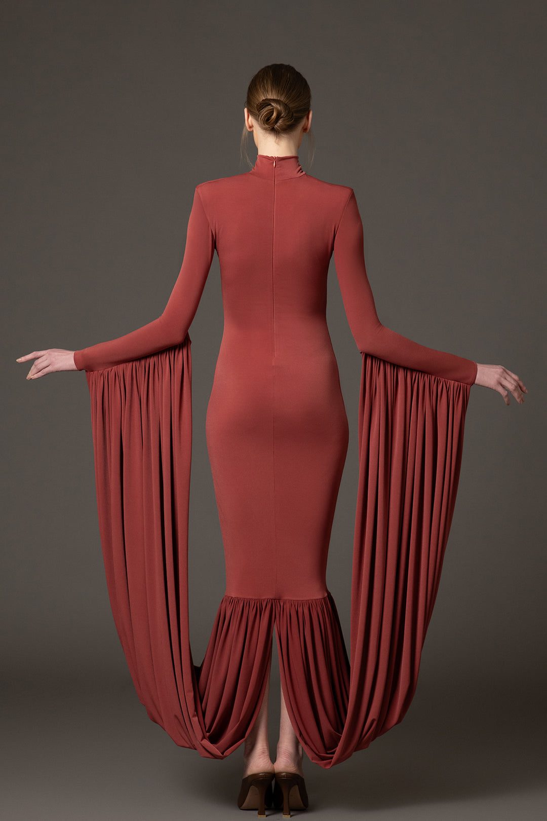 high-neck column gown with dramatic draped sleeves – OLIVIAE