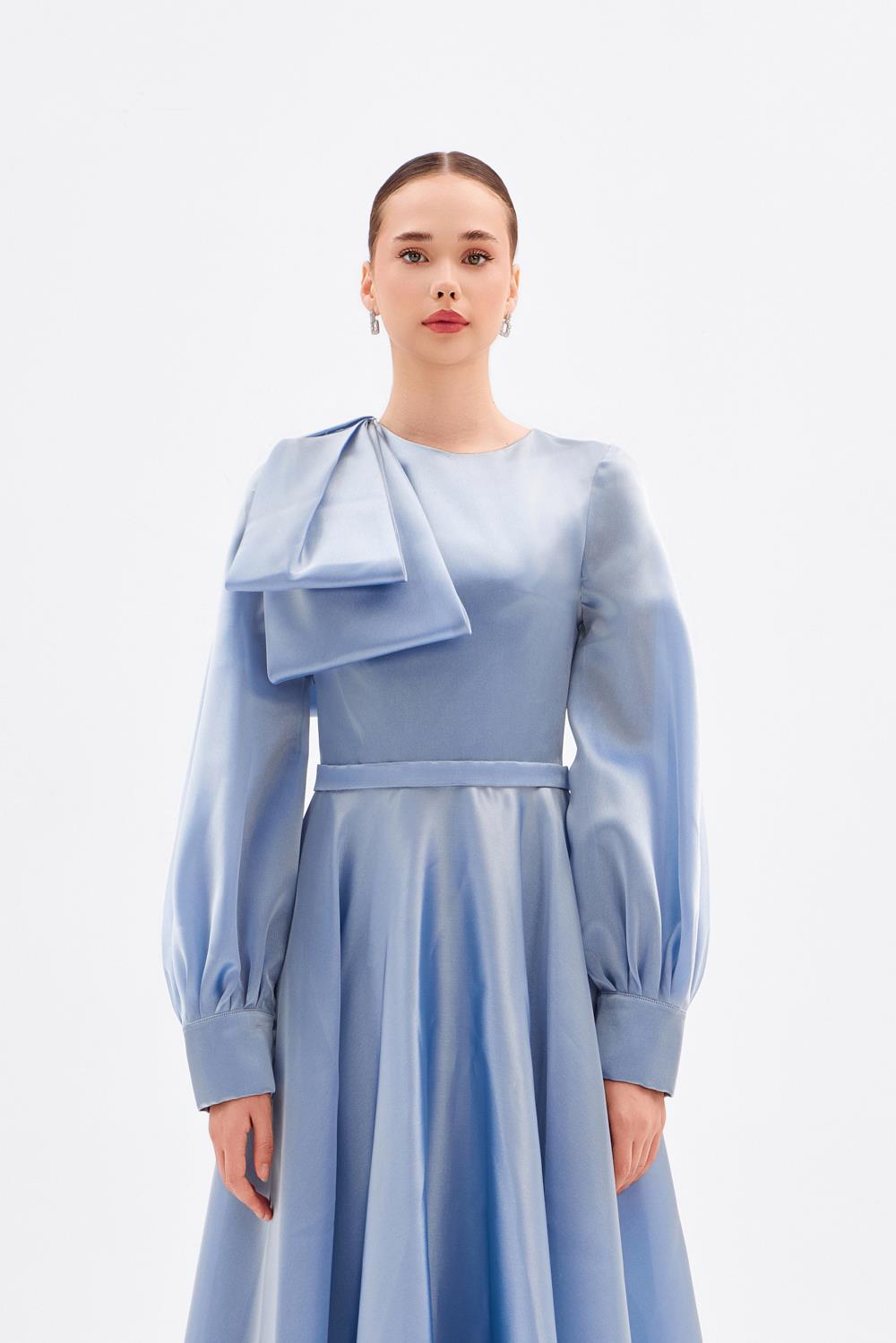 long-sleeve satin gown with sculpted shoulder bow – FUCHSIAE