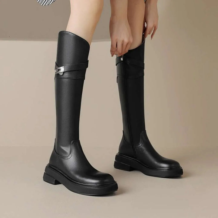 Two-tone knee-high leather boots with side buckle - ALORAZO