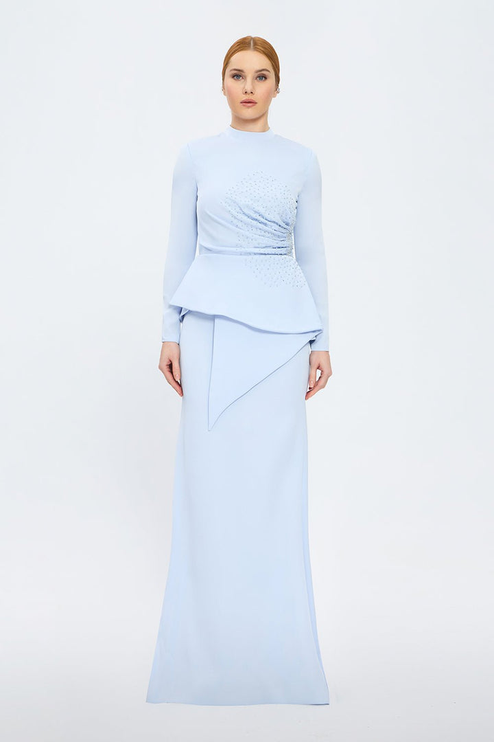 long-sleeve peplum gown with crystal draping – SERENE