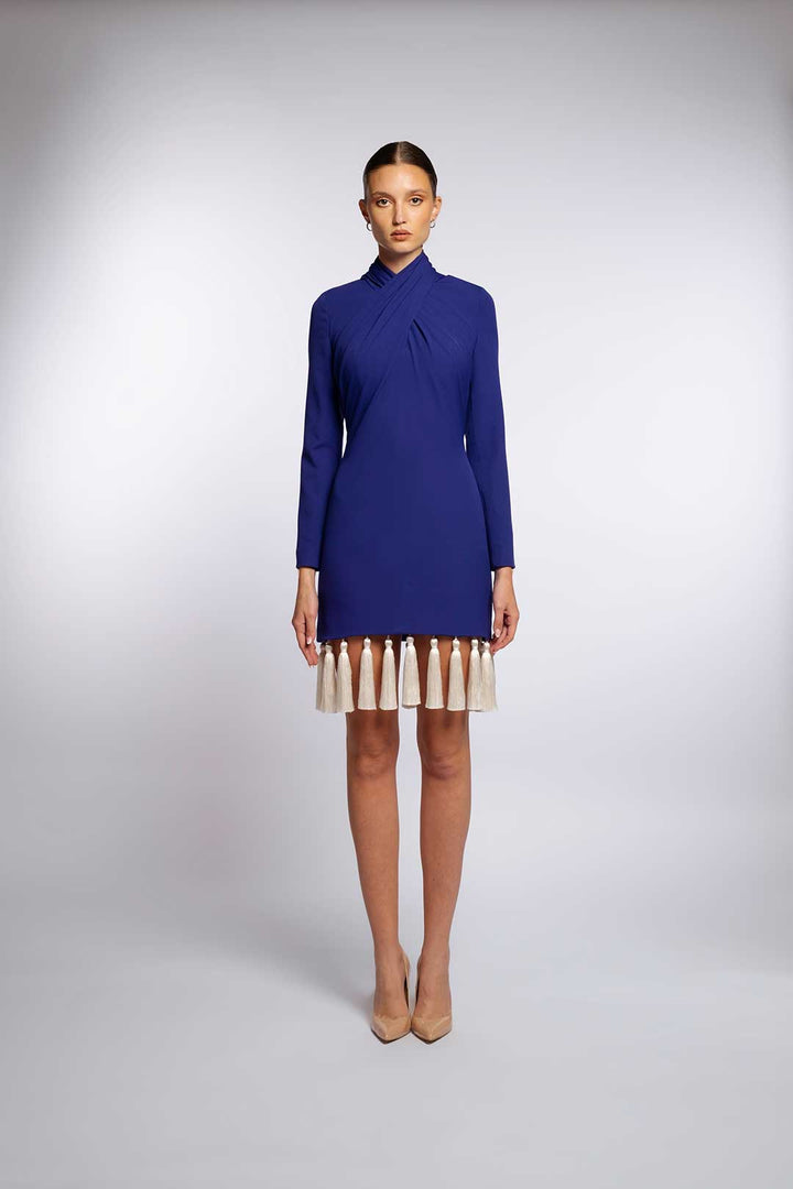 High-neck long sleeve mini dress with tassel hem – ROYAL